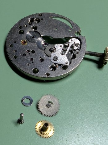 Canon pinion, hour wheel, and date wheel removed 