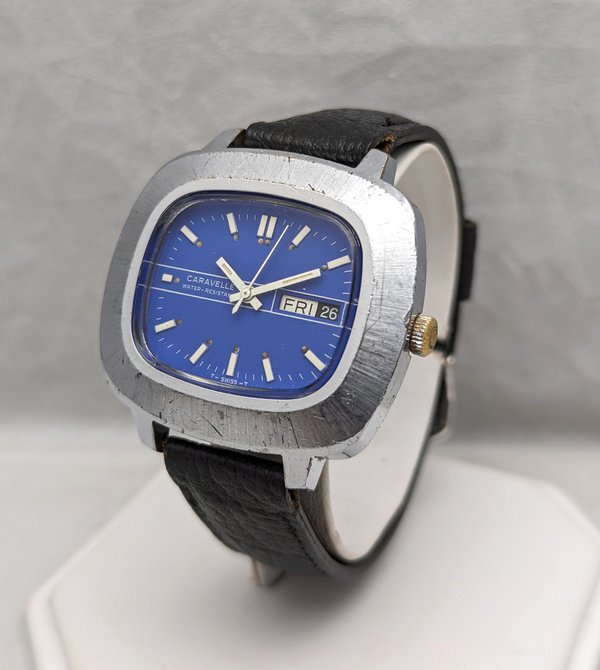 Vintage 1975 Caravelle Blue TV Dial Watch